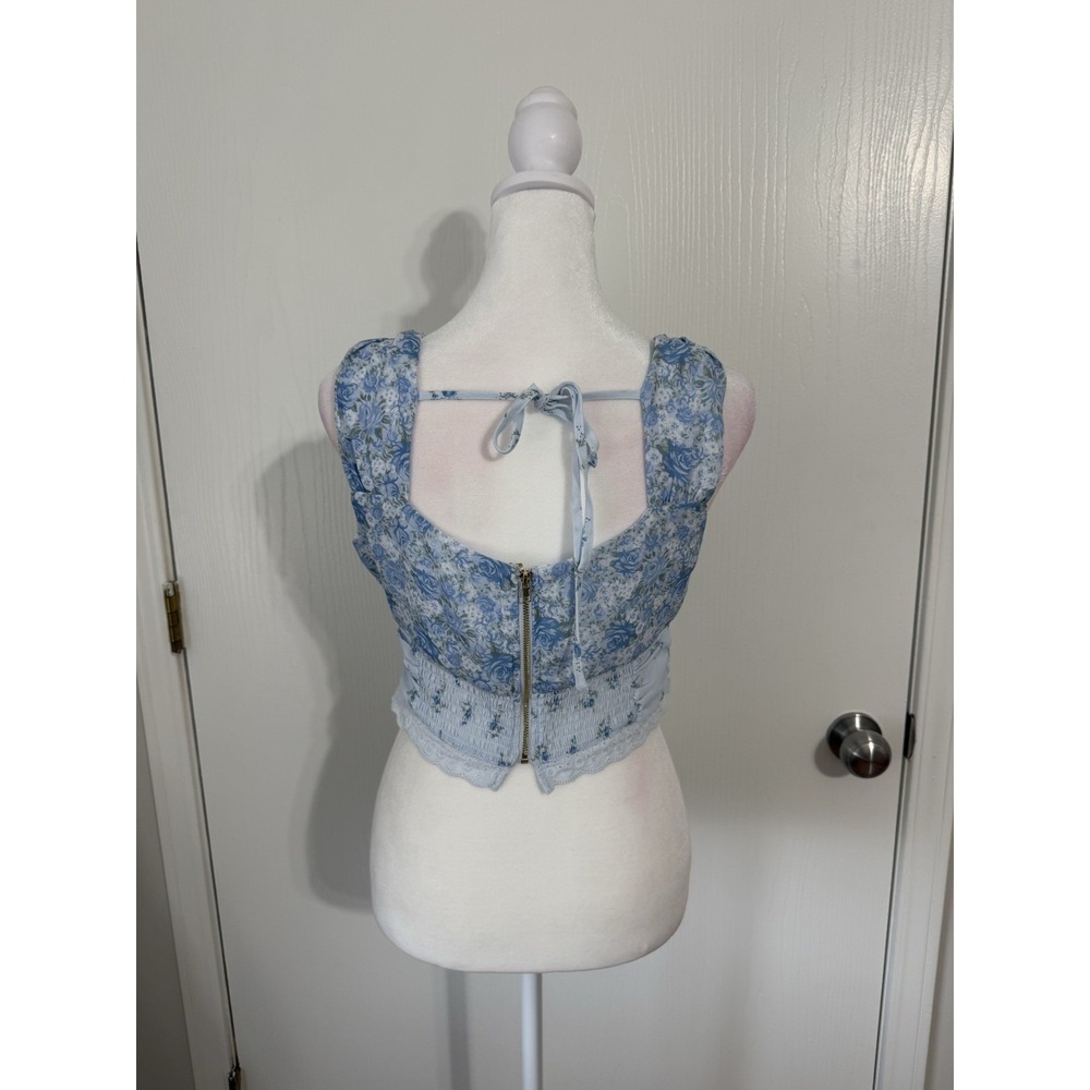 Women's Sleeveless Blue Floral Lace Cottagecore Milkmaid Crop Top Large - Picture 3 of 6